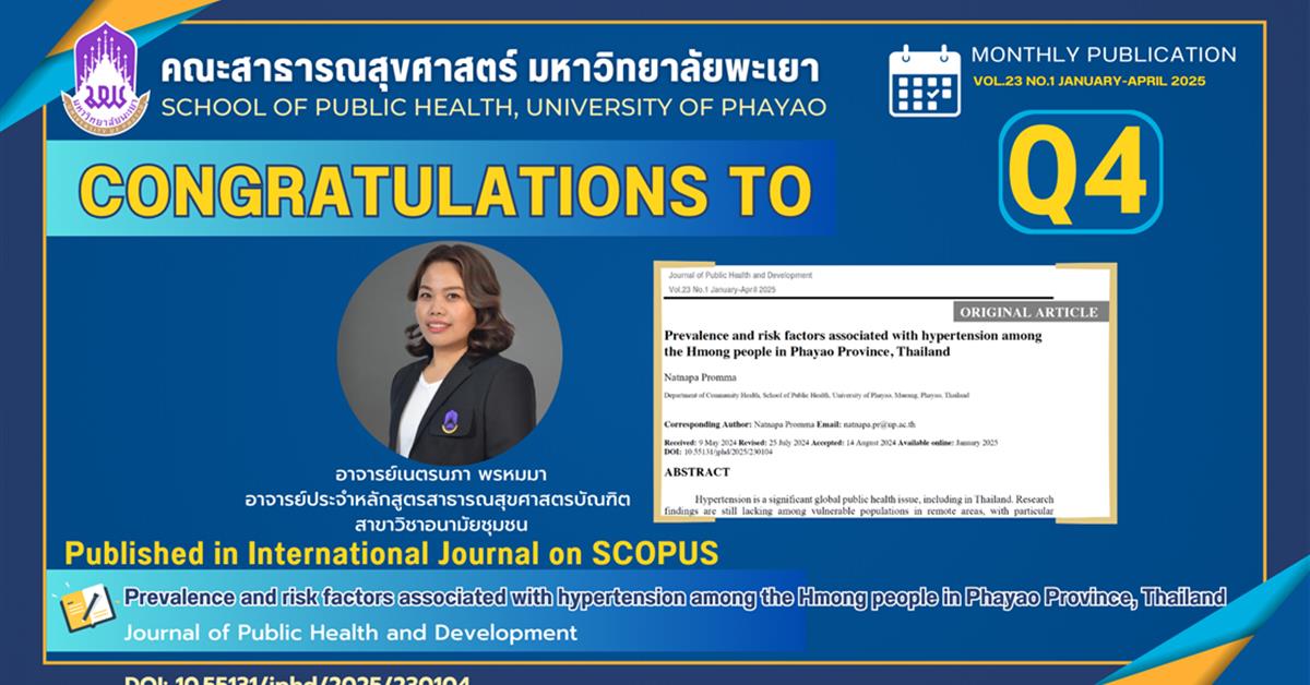 ขอแสดงความยินดี กับ อาจารย์ประจำหลักสูตรสาธารณสุขศาสตรบัณฑิต สาขาวิชาอนามัยชุมชน ได้รับการตีพิมพ์ในวารสารระดับนานาชาติ ขอแสดงความยินดี กับ อาจารย์ประจำหลักสูตรสาธารณสุขศาสตรบัณฑิต สาขาวิชาอนามัยชุมชน ได้รับการตีพิมพ์ในวารสารระดับนานาชาติ